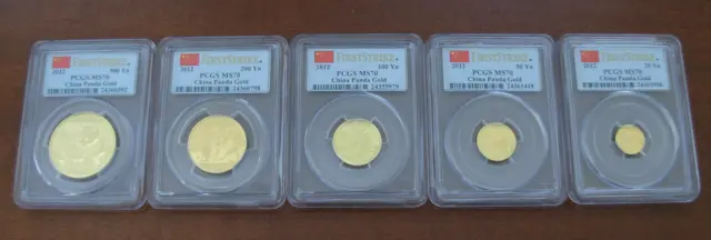 China 2012 Gold 5 Coin Full UNC Panda Set All Coins PCGS MS70 First Strike