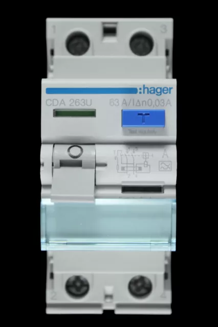 HAGER 63 AMP 30mA DOUBLE POLE RCCB TYPE A CDA263U 161491