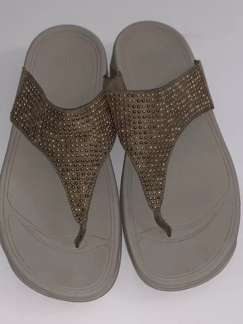 Fitflop Flare Sandals Womens Size 8 Beige Rhinestone Thong Wedge Toe Post Chunky