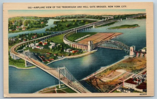 Postcard Airplane View New York City Triborough Hell Gate Bridges NY Linen M1G