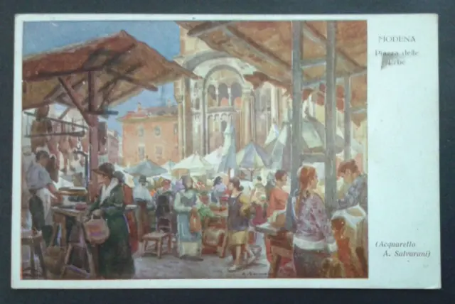 Cartolina  Modena  Piazza Delle Erbe  Acquarello Di A. Salvarani Viaggiata 1936