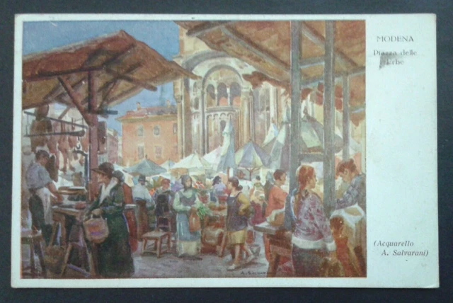 Cartolina  Modena  Piazza Delle Erbe  Acquarello Di A. Salvarani Viaggiata 1936
