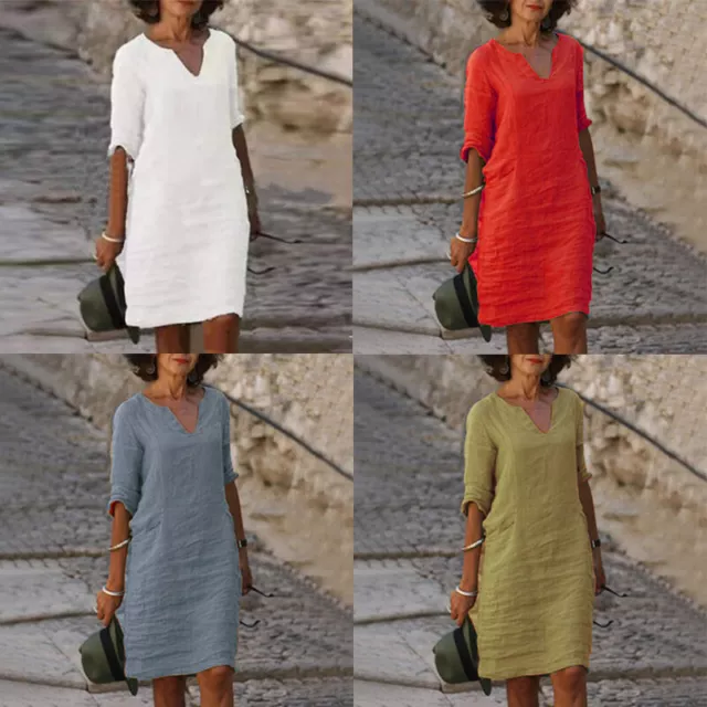 Femme Col V Robe Coton Manches Courtes Lin Décontracté Bouffant Robe Pu *