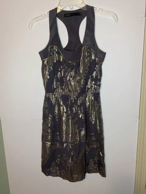 Akiko Womens Racerback Cinch Waist Dress 100% Silk  Grey Gold Overlay Sz X-Small