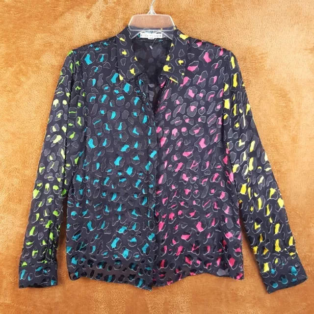 ALICE OLIVIA Womens Top Medium Black Button Up Neon Leopard Burnout WILLA