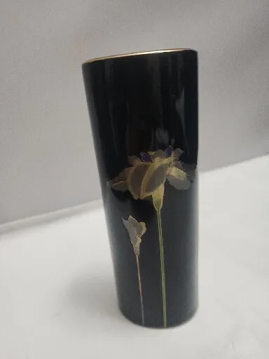 Otagiri Japan Vintage Flower Vase 6.5” Tall Black Gold Rim Title Golden Iris