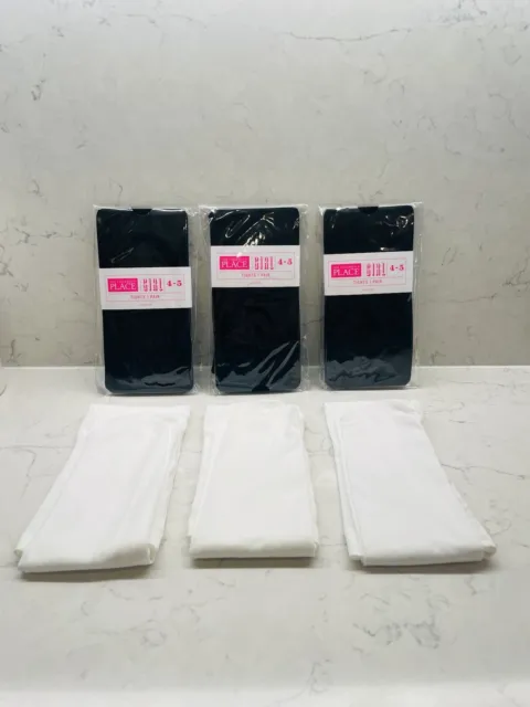 The Childrens Place Girls Tights (3) Black Pair (3) White Pair, New, Size 4-5