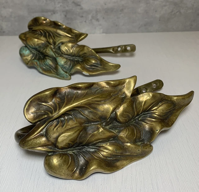 Pair of Vintage Art Deco Solid Brass Leaves Motif Curtain Ties 8" (2/2)