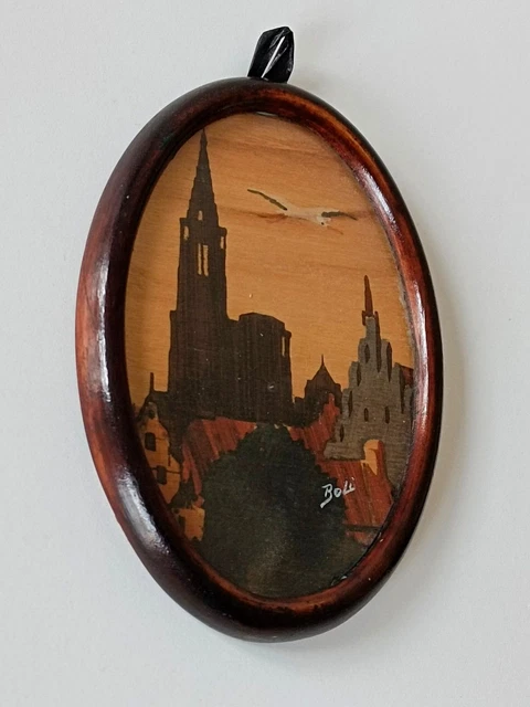 ANCIEN TABLEAU EN marqueterie de bois signé Lucien Straub ST JEAN