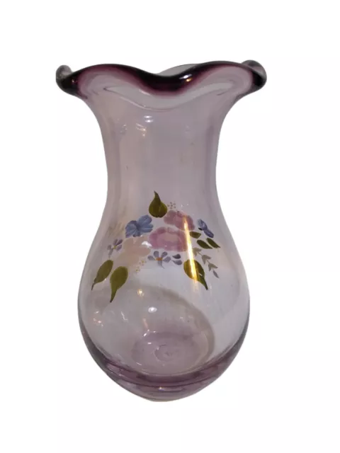 Vintage Teleflora Fenton Purple Amethyst Glass Floral Ruffled Hand Painted Vase
