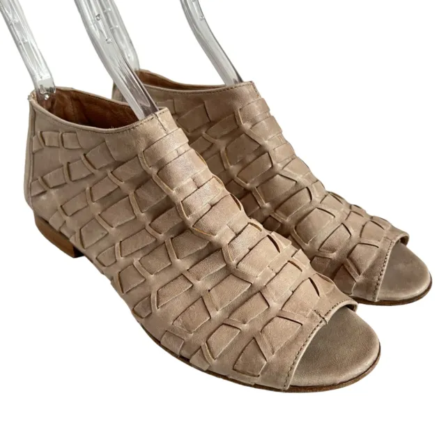 Ron White booties peep toe sandal beige tan leather woven 39 8.5 April zip up