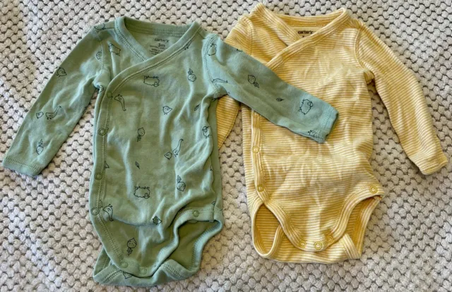 Carters 0-3 Month One Piece Lot 2 Green Yellow Long Sleeve Button Baby