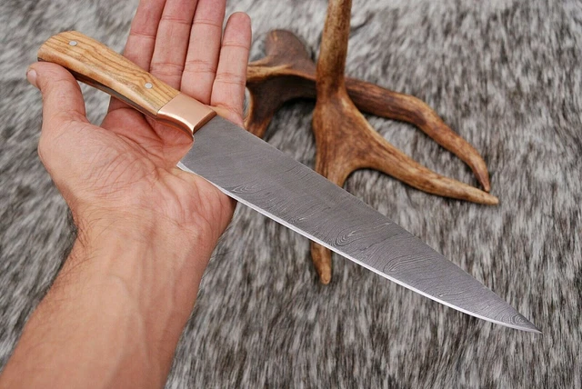 Hand Forged Damascus Steel Chef Knife &Copper Guard W/Olive Wood Handle 1196