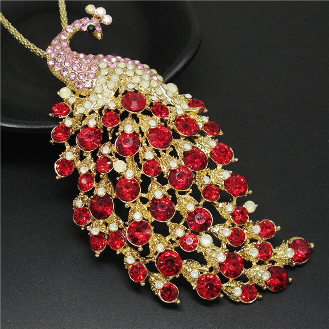 New Betsey Johnson Red Rhinestone Cute Peacock Crystal Pendant Chain Necklace