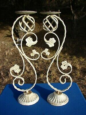 VTG White Scrolled WROUGHT Iron Candle HOLDERS Distressed SHABBY Chippy Paint