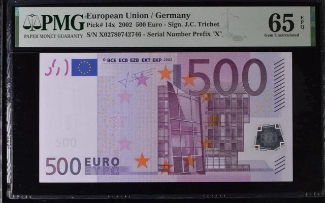 GEM UNC 500 Euro Germany European Union 2002 Trichet P-14x R013A1 PMG 65EPQ X027