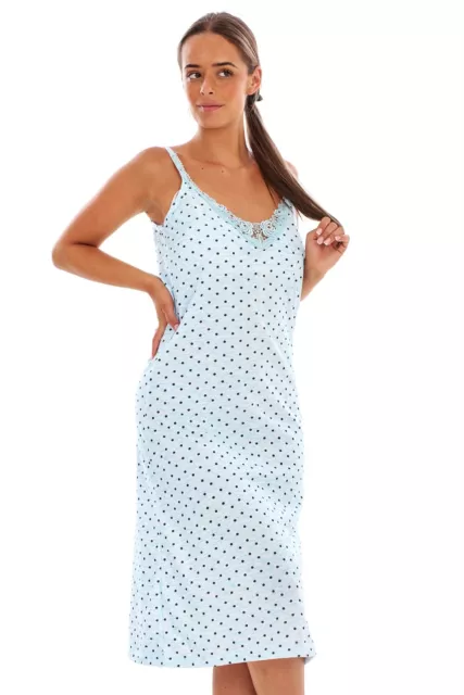 Long Nightdress Strap Cotton Lace Polka Dot Melange Print Soft Chemise Nightwear