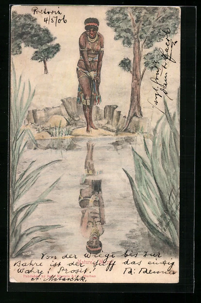 CPA Illustrateur Handgemalt: Nackte Afrikanerin betrachtet sich im Wasser 1906
