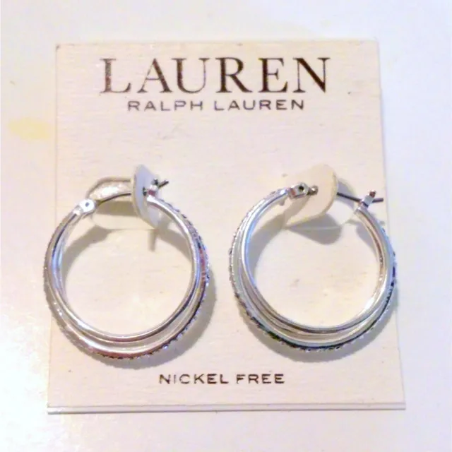 Ralph Lauren Silver Tone Rhinestone Hoop Earrings NWT