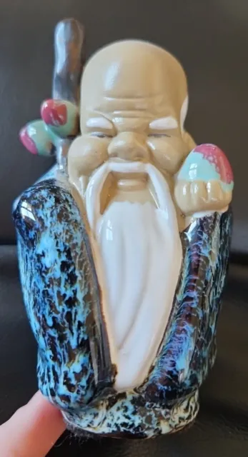 Vintage Chinese God of Longevity Mudman Clay Figurine Shou Xing Blue Glaze 5"