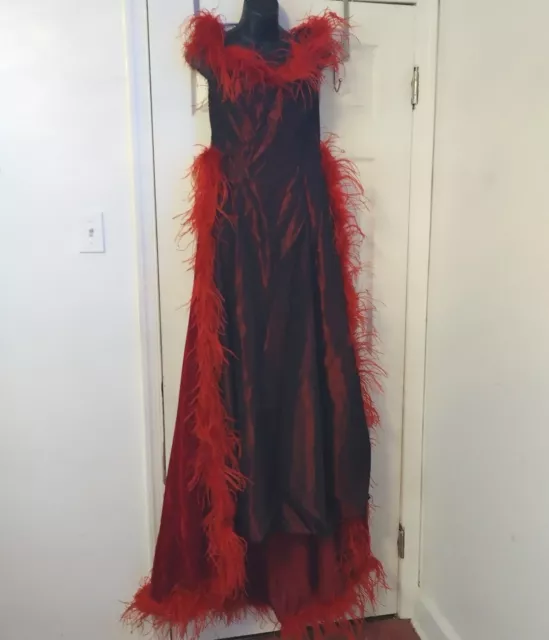 Women's Red Formal Dress Gown Party Size Small Feather Lined Velvet Clothes