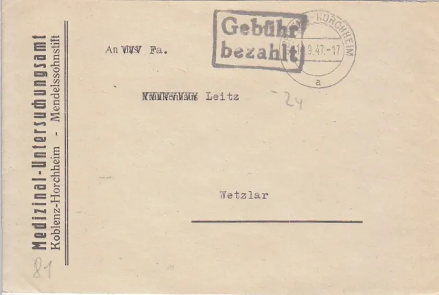 F.Zone - KOBLENZ  -  HORCHHEIM - Gebühr bezahlt - Brief - 1945