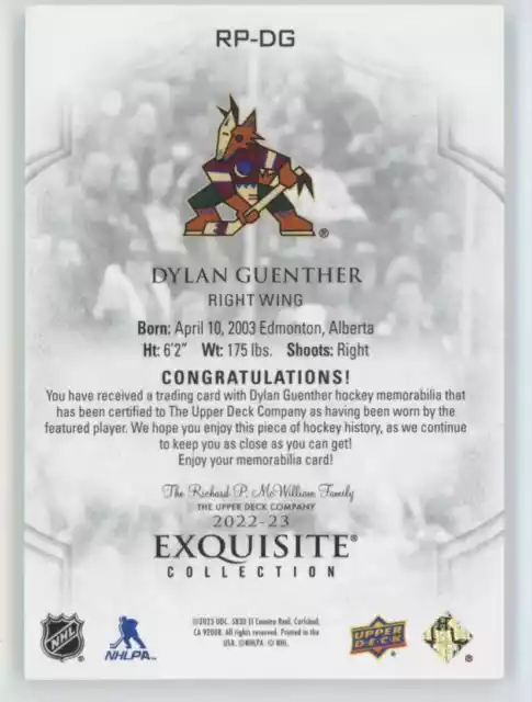 2022-23 UPPER DECK Black Diamond Exquisite Dylan Guenther Rookie Patch ...