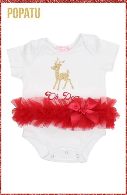 Popatu “Oh Deer” Christmas Baby Girl Tutu Bodysuit Size 0-3 Months