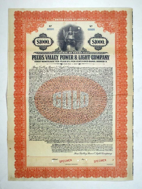 TX. Pecos Valley Power & Light Co., 1927. $1000 Specimen 6.5% Coupon Bond, VF