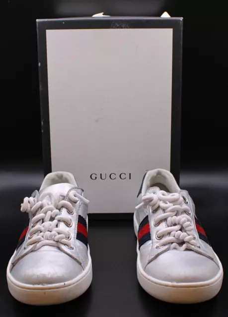 Kids Silver Gucci Ace Leather Sneakers, Size US 13, 100% Authentic