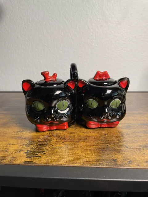 Vintage Shafford Black Cat bow Jam Caddy MCM Japan Redware MCM table decor 1950s