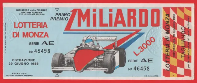 Biglietto Lotteria Di Monza Corsa Automobilistica Anno 1986 Con Tagliando