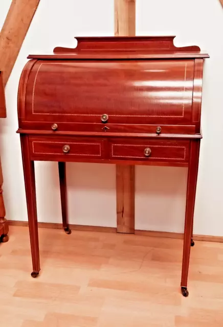 Elegant Ladies Cylinder Inlaid Writing Desk Edwardian C 1905