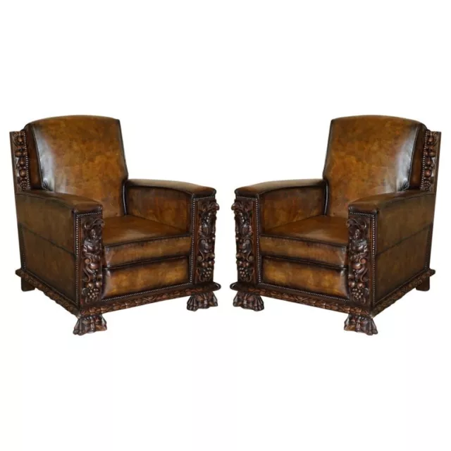 Pair Of Fully Restored Antique Club Armchairs With Gothic Carved Panels Must See