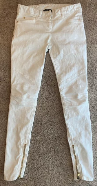 BALMAIN Paris White W/ Gold Zippers Biker Jeans Size 36, US 2 Great Condition