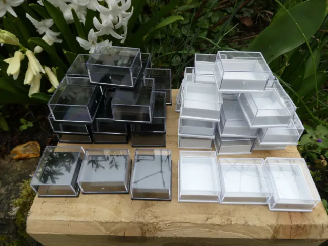 20 Small Perspex Clear Lid Crystal Fossil Display Boxes Black /White Bases/Pads 2