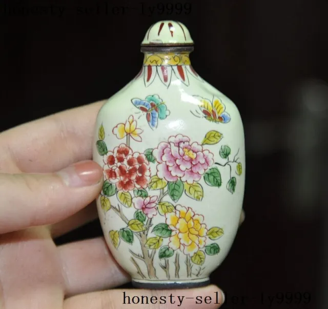 old Chinese bronze Cloisonne Enamel flower bird peony butterfly snuff bottle
