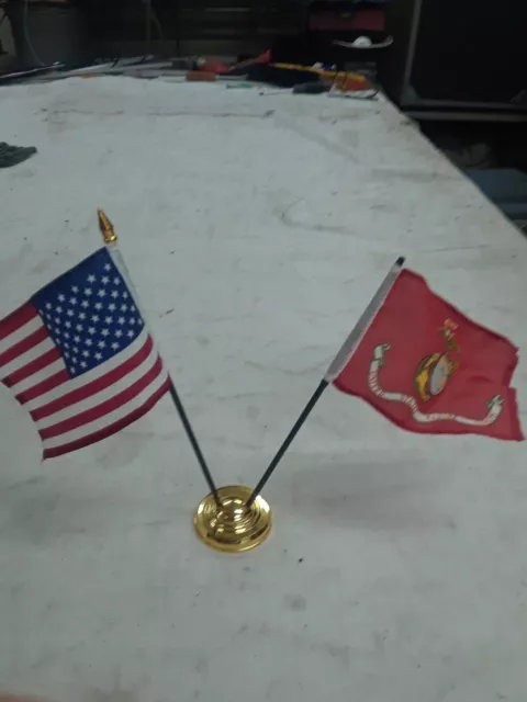USA + Marine Corps 4"x6" Miniature Desk & Table Flag w/  Base