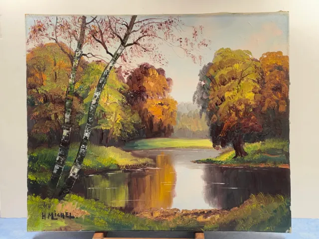 Huile sur toile, "Paysage lacustre d'automne", Signé H. Michel