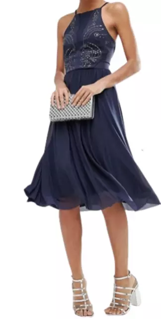 ASOS Hotfix Pinny Mesh Prom Midi Dress Navy Size UK 8 rrp £58 DH014 MM 14 3