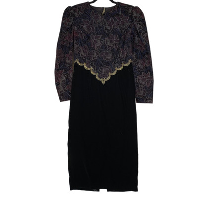 Vintage Scott McClintock Black Velvet Maxi Dress Metallic Floral 12 Petite '80s