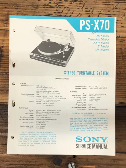 Sony PS-X70 Record Player / Turntable  Service Manual *Original*