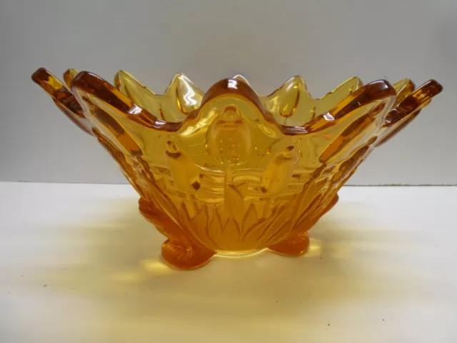 Vintage Pressed Amber Glass Bowl Art Deco Studio Glass Bullrush Design
