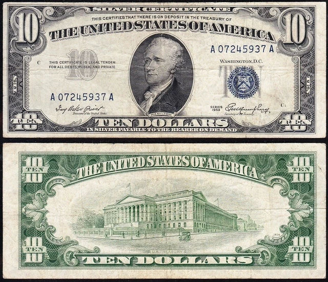 VERY NICE Bold & Crisp VF+ 1953 $10 Silver Certificate! FREE SHIPPING! 45937A