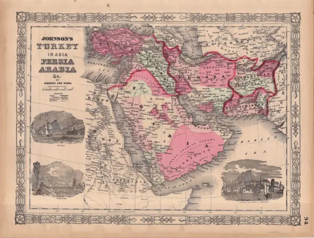 1864 Antique Johnson Atlas Map Of Turkey, Persia, & Arabia-Hand Colored