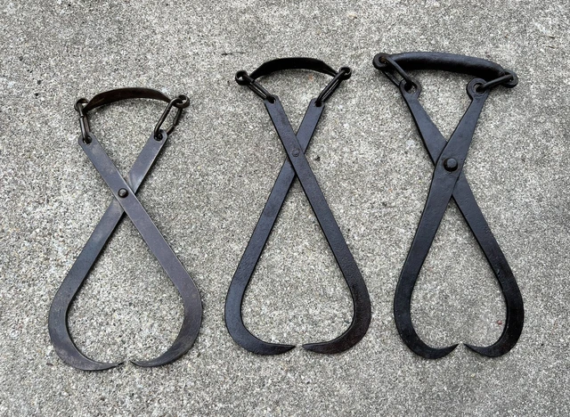 Vintage Lot Of 3 Ice Block Log Tongs Grabber Metal Hook Tool Chained Handle Nice
