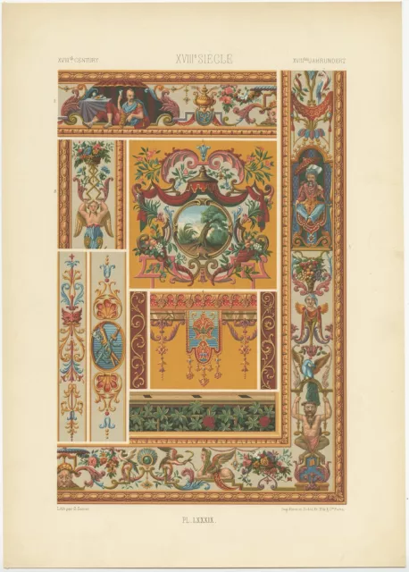 Pl. 89 Antique Print of decorative art in the 18th Century by Racinet (1869)