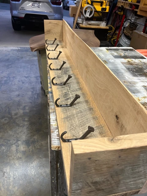 Reclaimed white oak Barnwood cast iron RR spike coat hanger with top shelf