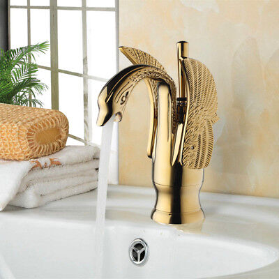 Gold Single Lever  Hole Swan Bathroom Basin Sink Mixer Vintage Brass Faucet Taps