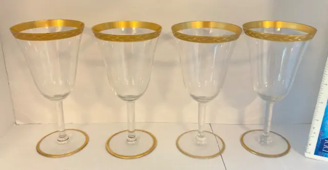 Tiffin Franciscan LAUREL 4 Gold Rim Clear Crystal Wine Goblets 6.5'' tall